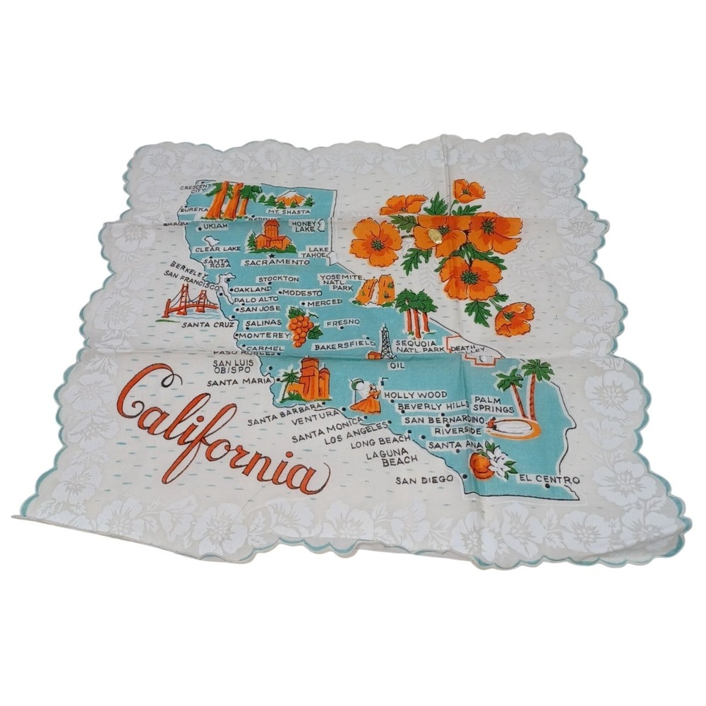 VTG California Map 14x14 Handkerchief Handpainted Souvenir Retro Travel Ephemera